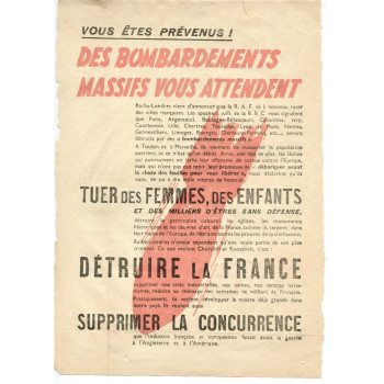 VOUS ÊTES PRÉVENUS ! DES BOMBARDEMENTS MASSIFS VOUS ATTENDENT - TRACT DE L'ÉTAT FRANCAIS VICHY 1944