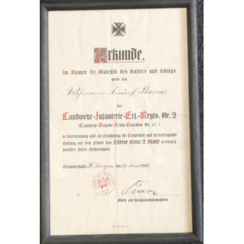 DIPLOME CROIX DE FER DE IIème CLASSE ALLEMAGNE 1914-1918 URKUNDE LANDWEHR-INFANTERIE-Ers-Regts n°2